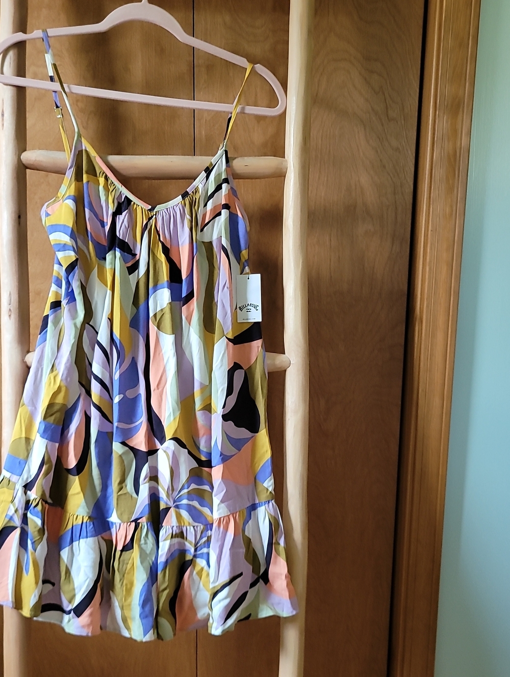Billabong Abstract Multicolor Ruffle Hem Spaghetti Strap Dress